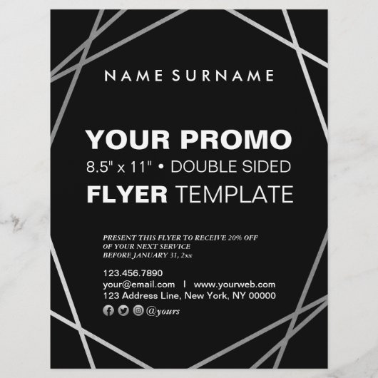 Moderne, minimale zilverzwarte geometrische 8,5 x  flyer (Voorkant)