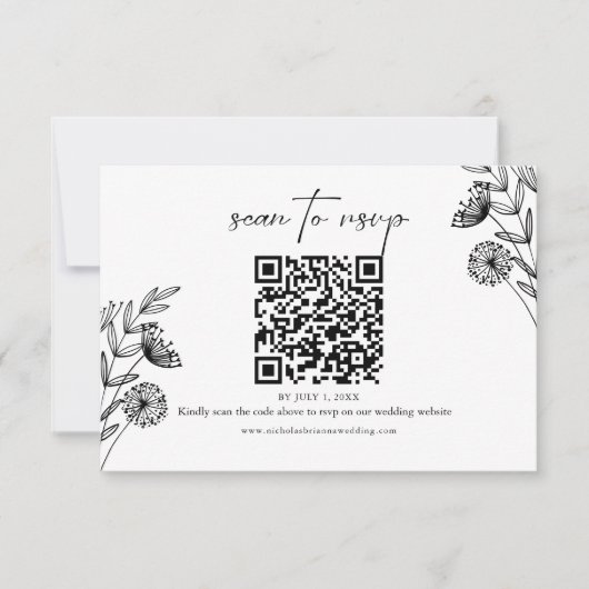 Moderne minimale zwart wit bloemenbruiloft QR-code RSVP Kaartje (Voorkant)