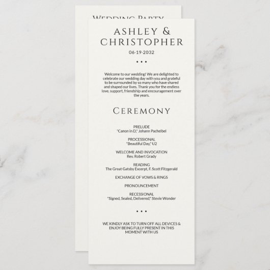 Moderne minimale zwart-wit bruiloft ceremonie programmakaart (Voorkant / Achterkant)