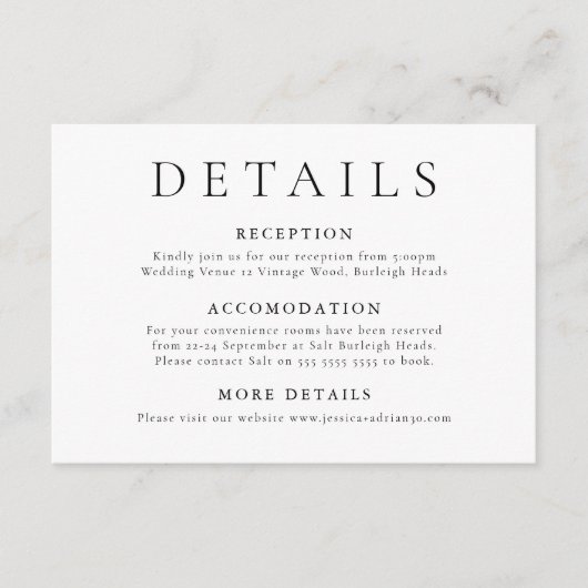 Moderne minimale zwart-wit bruiloft details informatiekaartje (Voorkant)