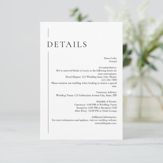 Moderne minimale zwart-wit bruiloft details informatiekaartje (Staand voorkant)
