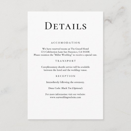 Moderne minimale zwart-wit bruiloft details informatiekaartje (Voorkant)