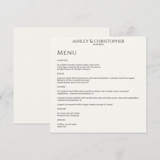Moderne minimale zwart & wit bruiloft receptie menu (Voorkant / Achterkant)