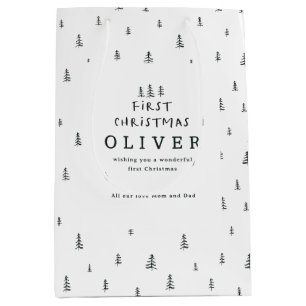 Moderne minimale zwart-wit eerste kerst medium cadeauzakje