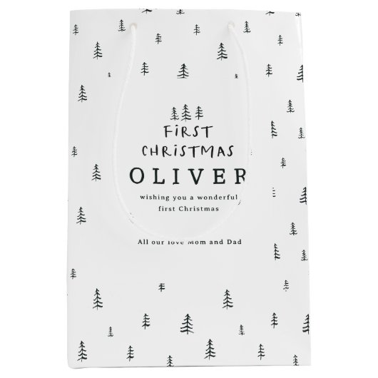 Moderne minimale zwart-wit eerste kerst medium cadeauzakje (Voorkant)