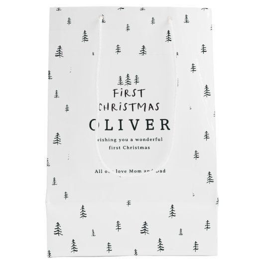 Moderne minimale zwart-wit eerste kerst medium cadeauzakje (Achterkant)