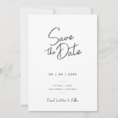 Moderne minimale zwart wit script foto bruiloft save the date (Voorkant)
