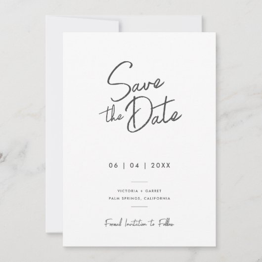 Moderne minimale zwart wit script foto bruiloft save the date (Voorkant)