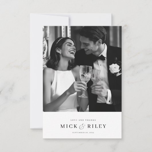Moderne Minimale Zwart-wit Script Fotobruiloft Bedankkaart (Voorkant)