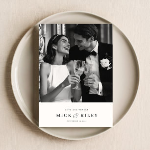 Moderne Minimale Zwart-wit Script Fotobruiloft Bedankkaart