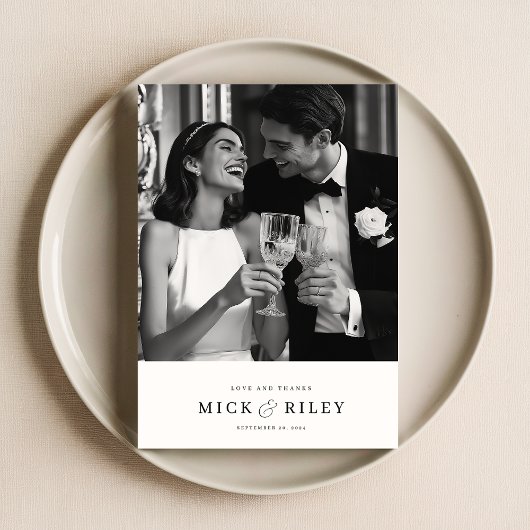 Moderne Minimale Zwart-wit Script Fotobruiloft Bedankkaart