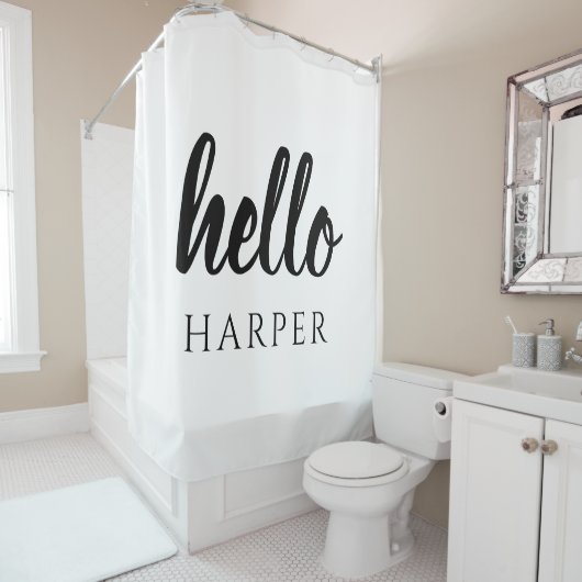 Moderne minimale zwart-witte Hallo en uw naam Douchegordijn (In situ)