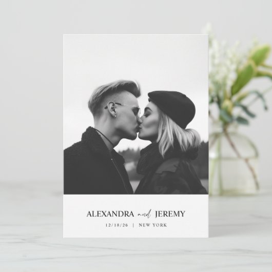 Moderne, minimale zwarte bruiloft foto kaart (Staand voorkant)