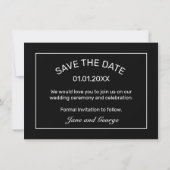 Moderne, minimale zwarte bruiloft foto save the date (Achterkant)