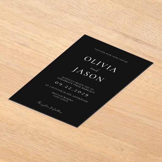 Moderne minimale zwarte en witte bruiloft acryl uitnodigingen (Laagn)