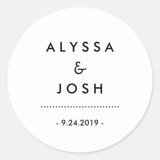 Moderne minimale zwarte en witte bruiloft ronde sticker (Voorkant)