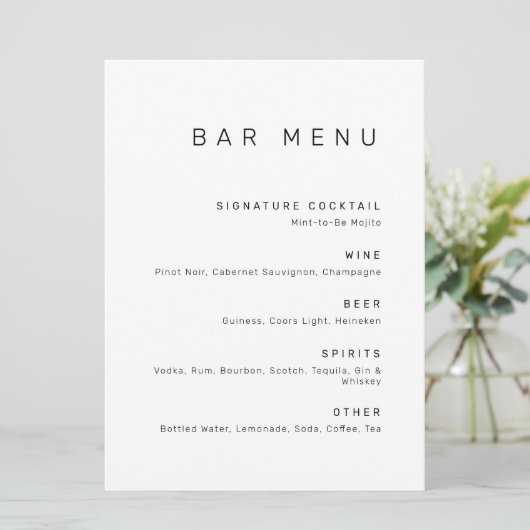 Moderne, minimale zwarte en witte Drinken balk Menu (Staand voorkant)