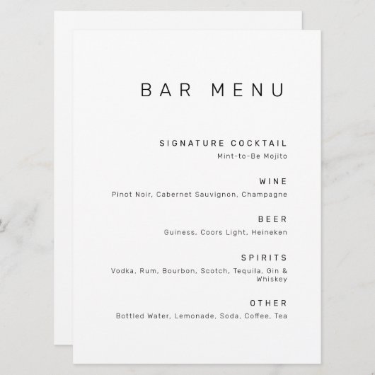 Moderne, minimale zwarte en witte Drinken balk Menu (Voorkant / Achterkant)