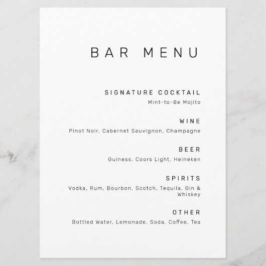 Moderne, minimale zwarte en witte Drinken balk Menu (Voorkant)