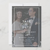 Moderne, minimale zwarte en witte overlay foto save the date (Voorkant)
