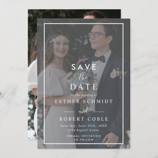 Moderne, minimale zwarte en witte overlay foto save the date (Voorkant / Achterkant)