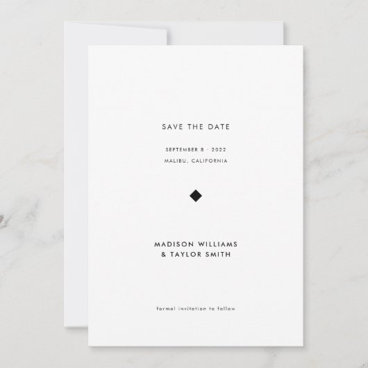 Moderne minimale zwarte en witte typografie save the date (Voorkant)