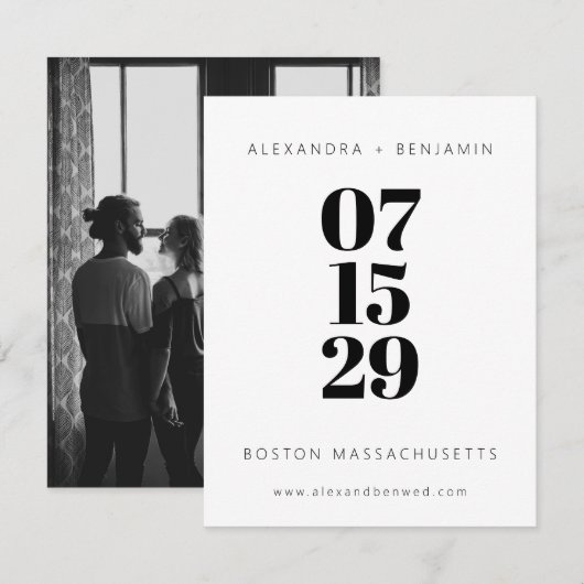 Moderne, minimale zwarte en witte volledige foto save the date (Voorkant / Achterkant)