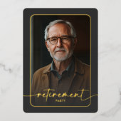 Moderne minimale zwarte foto pensioen partij folie uitnodiging (Voorkant)