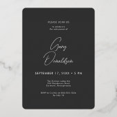 Moderne minimale zwarte foto pensioen partij folie uitnodiging (Achterkant)