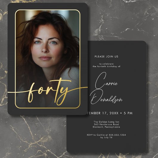 Moderne minimale zwarte foto veertigste verjaardag folie uitnodiging