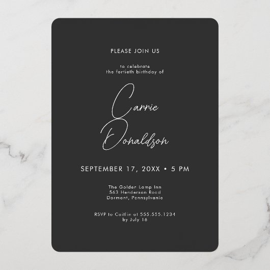 Moderne minimale zwarte foto veertigste verjaardag folie uitnodiging (Achterkant)