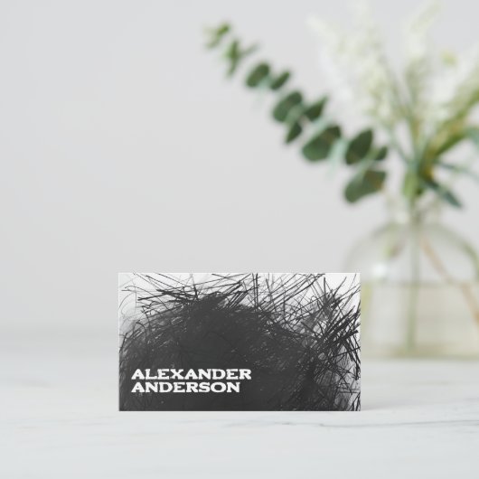 Moderne minimale zwarte houtskool krabbel scanbaar visitekaartje (Staand voorkant)