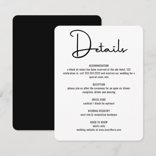 Moderne minimale zwarte kalligrafie informatiekaartje (Voorkant / Achterkant)