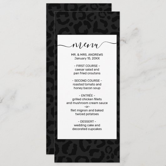 Moderne, minimale zwarte luipaard afdrukken menu (Voorkant / Achterkant)