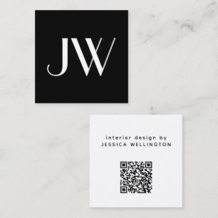 Moderne minimale zwarte monogram QR-code Vierkante Visitekaartje