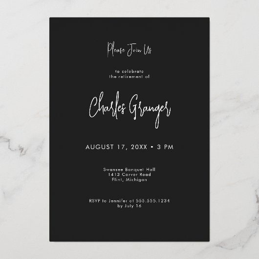 Moderne minimale zwarte pensioenpartij folie uitnodiging (Achterkant)