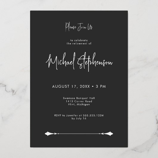 Moderne minimale zwarte pensioenpartij folie uitnodiging (Achterkant)