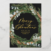 Moderne minimale zwarte waterverf met kerstmis folie feestdagenkaart (Voorkant)