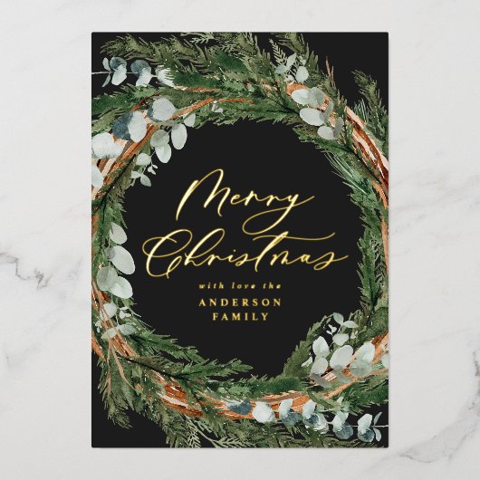 Moderne minimale zwarte waterverf met kerstmis folie feestdagenkaart (Voorkant)