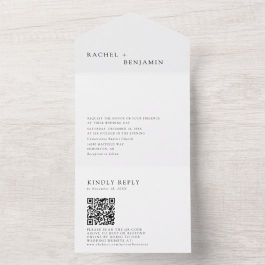 Moderne minimale zwarte witbruiloft QR-code legant All In One Uitnodiging (Binnen)