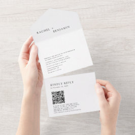 Moderne minimale zwarte witbruiloft QR-code legant All In One Uitnodiging