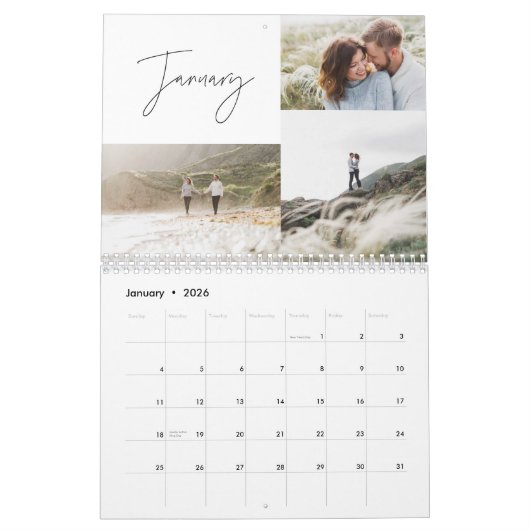 Moderne, minimale zwarte witte 3-fotoserie kalender (Jan 2026)