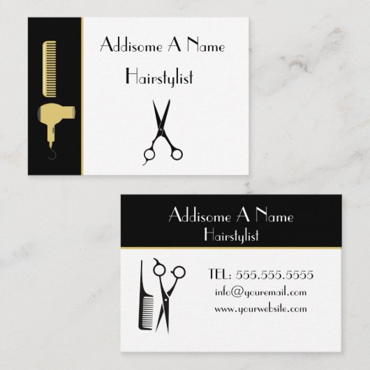 Moderne, minimale zwarte witte goudhaarstaartlijst visitekaartje (Voorkant / Achterkant)