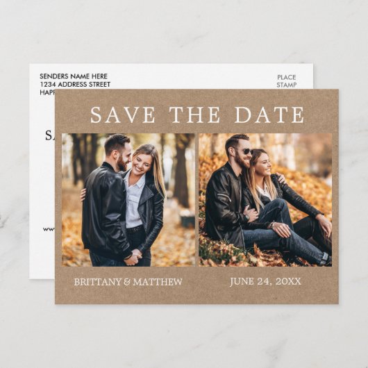 Moderne minimalist 2 foto kraft bewaar de datum briefkaart (Voorkant / Achterkant)