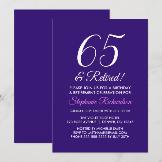 Moderne Minimalist 65 en Gepensioneerde Paarse Pen Kaart (Voorkant / Achterkant)
