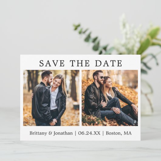 Moderne minimalist bespaart datum 2 fotokaart save the date (Staand voorkant)