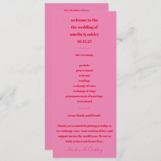 Moderne minimalist Bold Helder Roze Rood Tall Programmakaart (Voorkant / Achterkant)