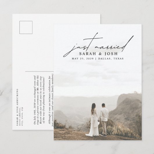 Moderne minimalist gewoon gehuwd met fotohuwelijk aankondigingskaart (Voorkant / Achterkant)