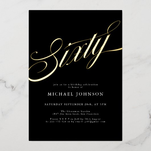 Moderne minimalist zestig zwart goud 60ste verjaar folie uitnodiging (Voorkant)