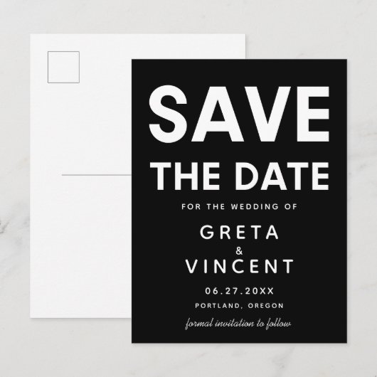 Moderne minimalist Zwart-wit Save The Date Briefkaart (Voorkant / Achterkant)